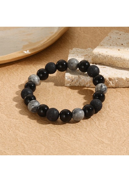 El Yapımı Doğal Volkanik Taş Kaymaktaşı Boncuk Bilezik Erkekler Için Retro 10/8mm Elastik Boncuk Çift Bilezik (Yurt Dışından)