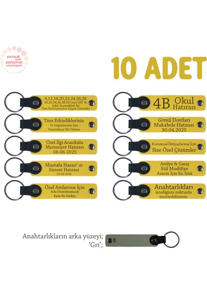 Sarı & Gri, Beden Eğitimi Öğretmeninden Hediye, 10’lu Set, Üzerine Isim Yazılabilen Deri Anahtarlık