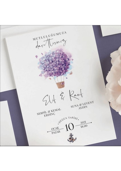 Lila Zarfsız Düğün Davetiyesi