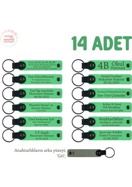 Sınıf Annelerinden Öğretmene Hatıra, 14'lü Set, Kişiselleştirilebilir Deri Anahtarlık, F Yeşil & Gri