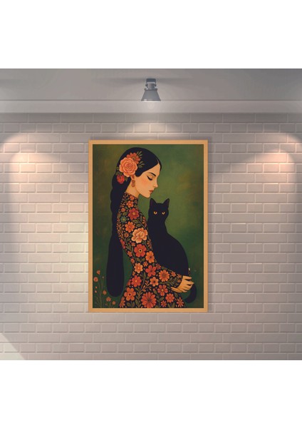 Kedili Kadın Retro Mdf Duvar Dekarasyon Tablosu