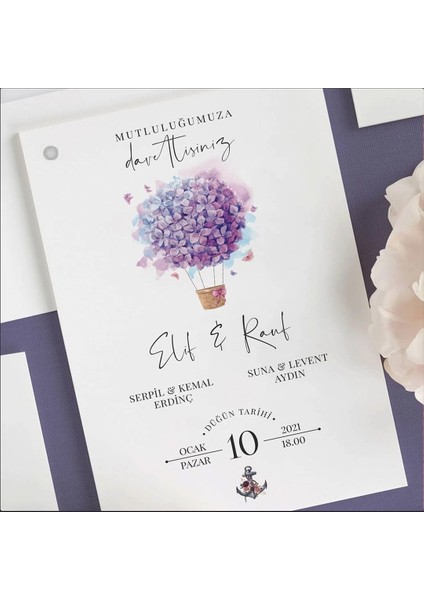 Lila Zarfsız Isimlikli Düğün Davetiyesi