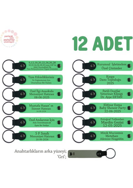 Yıl Sonunda Öğretmene Veda Hediyesi 12'li Set Öğrenci Isimleri Yazılı Anahtarlık, Fıstık Yeşil & Gri