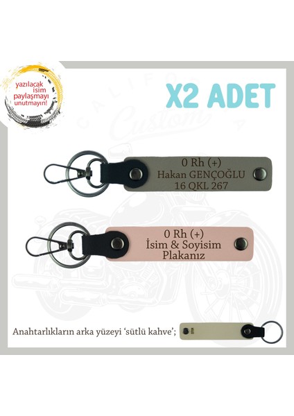 Usta Şöföre Özel, Isim Plaka ve 0 Rh (+) Kan Grubu Yazılı X2 Anahtarlık Takım, Yavruağzı-Kül Gri-Sk