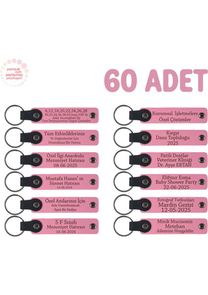 Pembe, Doğum Günü Misafirlerine Kişiselleştirilmiş Anahtarlık 60’lı Set, Özel Kutlamalara