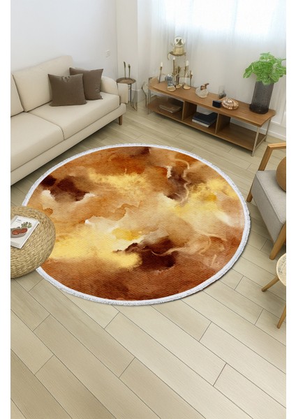 Yuvarlak Halı – Venüs Esintili Sarı Kahve Suluboya Desenli | Modern Dekoratif Tasarım | 60X60 – 180X180 cm