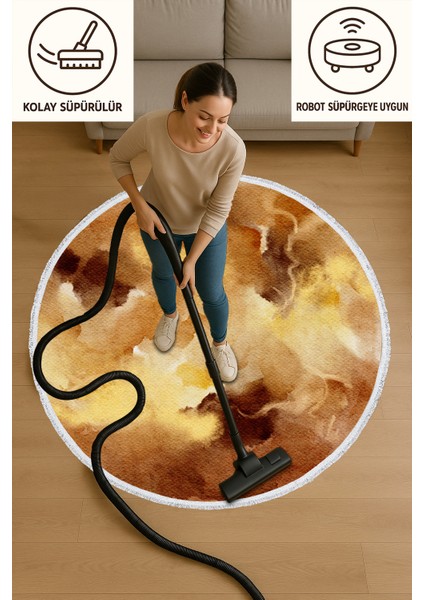 Yuvarlak Halı – Venüs Esintili Sarı Kahve Suluboya Desenli | Modern Dekoratif Tasarım | 60X60 – 180X180 cm modelleri