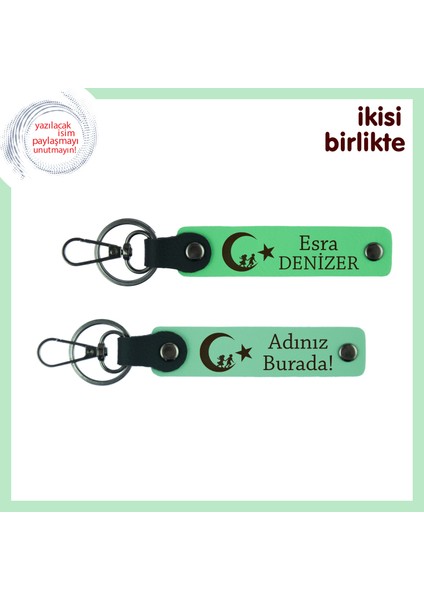 Çocuk ve Ayyıldız Desenli Öğretmene Teşekkür Anahtarlığı – Kişiye Özel 2’li Set, F Yeşil-Yeşil