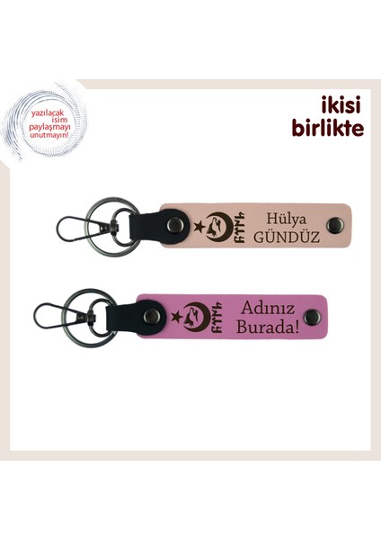 Isim Eklenebilir Hediye – Ayyıldız Kurt Göktürk Motifli Kişisel Anahtarlık Takım, Yavru Ağzı-Pembe