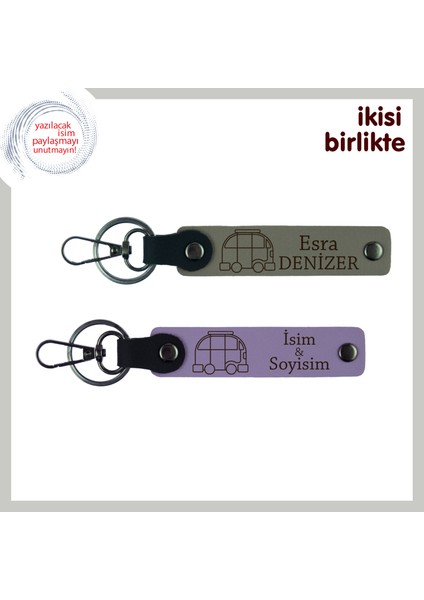 Karavan Tatillerini Hatırlatacak Deri Hediye, Kişisel Anahtarlık X2’li, Kül Gri-Mor