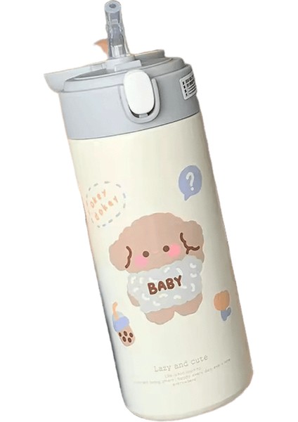 380ML Paslanmaz Çelik Termos Vakumlu Matara Sevimli Karikatür Termal Su Şişesi Kızlar Için Yalıtımlı Pipetli Daklar Tumbler Drinkware Kapasite: 380ML / Renk: Beyaz (Yurt Dışından)