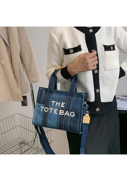 Yeni Işlemeli Harfli El Çantası Çapraz Askılı Çanta Kot Mavi Retro Dikişli Tote Çanta (Yurt Dışından)