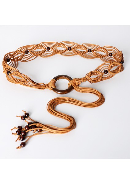 Kadın Bohem Retro Etnik Tarzı Örgülü Kemer Kahve Rengi Ahşap Boncuklar Balmumu Ipi El Dokuması Düğümlü Kemer (Yurt Dışından)
