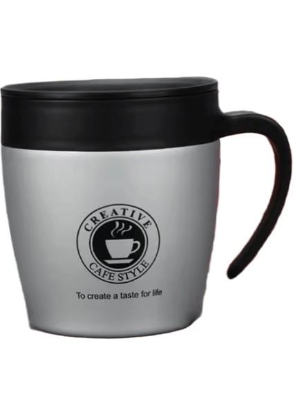 330ML Ofis Seyahat Kahve Fincanı Termos Paslanmaz Çelik Kahve Kupa Yalıtımlı Su Dakları Tumbler Saplı Kapaklı ve Karıştırma Kaşıklı Kapasite: 330ML / Renk: Gümüş (Yurt Dışından)