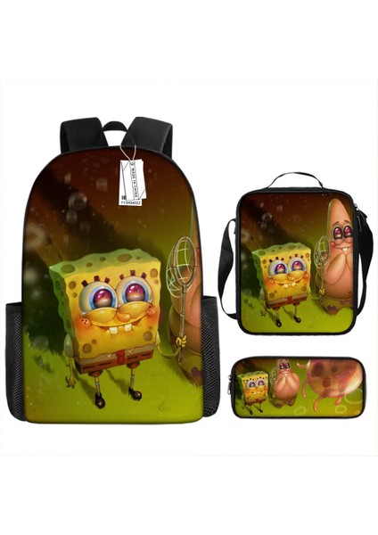 Sünger Bob Kare Pantolon Çocuk Okul Çantası Erkek ve Kadın Öğrenciler Omuz Çantası Anaokulu Sevimli Karikatür Kalem Çantası Crossbody Çanta Üç Set (Yurt Dışından)