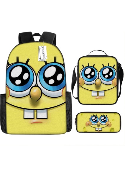 Sünger Bob Kare Pantolon Çocuk Okul Çantası Erkek ve Kadın Öğrenciler Omuz Çantası Anaokulu Sevimli Karikatür Kalem Çantası Crossbody Çanta Üç Set (Yurt Dışından)