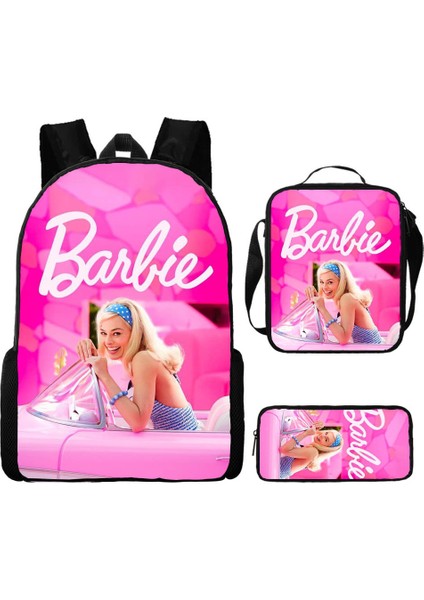 Barbie Prenses Okul Çantası 3 Parça Set Pembe Bie Kız Okul Çantası Büyük Kapasiteli Öğrenci (Yurt Dışından)
