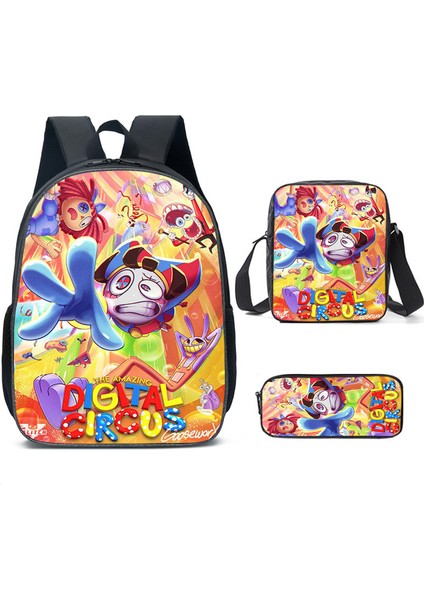 Muhteşem Dijital Sirk Ilkokul Öğrenci Okul Çantası Omuz Çantası Crossbody Çanta Üç Parça Set (Yurt Dışından)