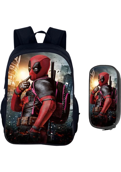 Deadpool Karikatür Çocuk Okul Çantası Kalem Çantası Ilkokul Öğrencileri Omuz Çantası Büyük Kapasiteli Iki Parçalı Set (Yurt Dışından)