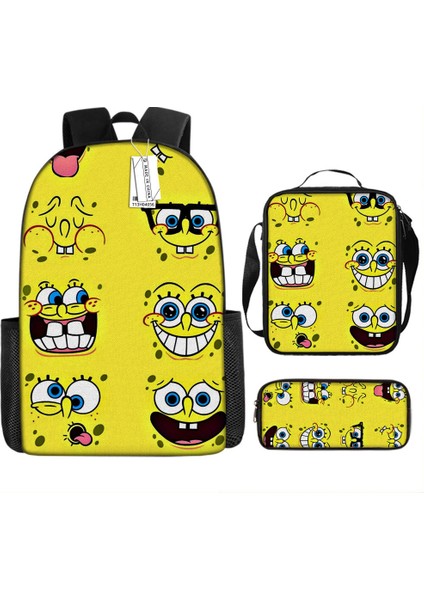 Sünger Bob Kare Pantolon Çocuk Okul Çantası Erkek ve Kadın Öğrenciler Omuz Çantası Anaokulu Sevimli Karikatür Kalem Çantası Crossbody Çanta Üç Set (Yurt Dışından)