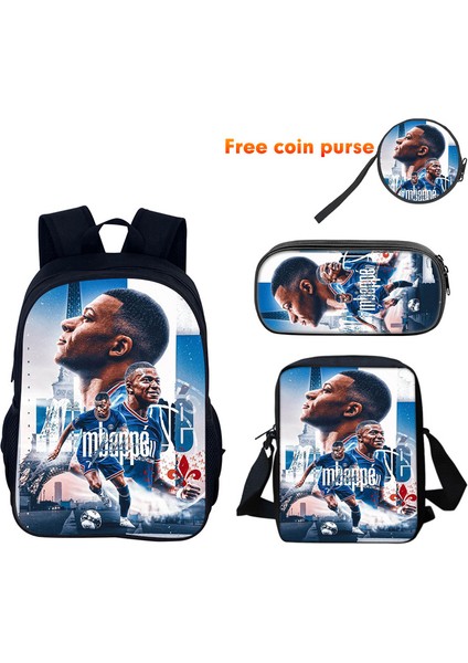 Mbappe Periferik Çocuk Sırt Çantası Ilkokul ve Ortaokul Öğrencileri El Çantası Kalem Çantası Üç Parça Set (Yurt Dışından)