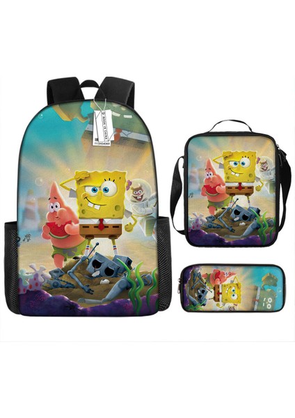 Sünger Bob Kare Pantolon Çocuk Okul Çantası Erkek ve Kadın Öğrenciler Omuz Çantası Anaokulu Sevimli Karikatür Kalem Çantası Crossbody Çanta Üç Set (Yurt Dışından)