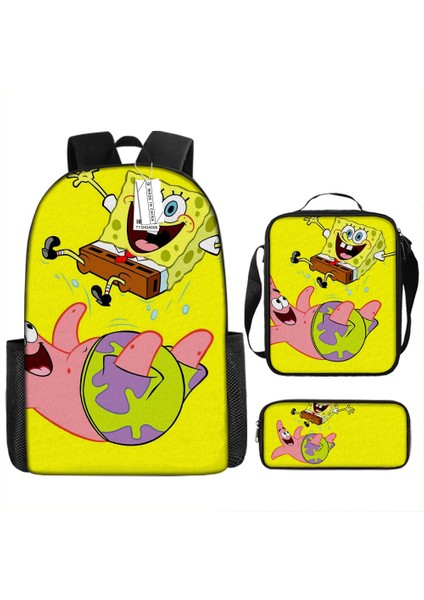 Sünger Bob Kare Pantolon Çocuk Okul Çantası Erkek ve Kadın Öğrenciler Omuz Çantası Anaokulu Sevimli Karikatür Kalem Çantası Crossbody Çanta Üç Set (Yurt Dışından)