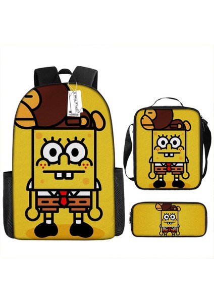 Sünger Bob Kare Pantolon Çocuk Okul Çantası Erkek ve Kadın Öğrenciler Omuz Çantası Anaokulu Sevimli Karikatür Kalem Çantası Crossbody Çanta Üç Set (Yurt Dışından)