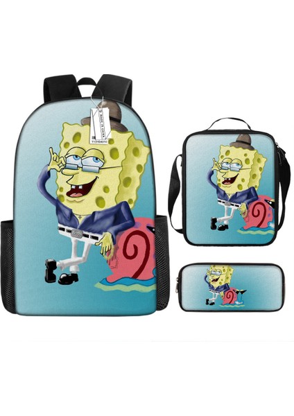 Sünger Bob Kare Pantolon Çocuk Okul Çantası Erkek ve Kadın Öğrenciler Omuz Çantası Anaokulu Sevimli Karikatür Kalem Çantası Crossbody Çanta Üç Set (Yurt Dışından)