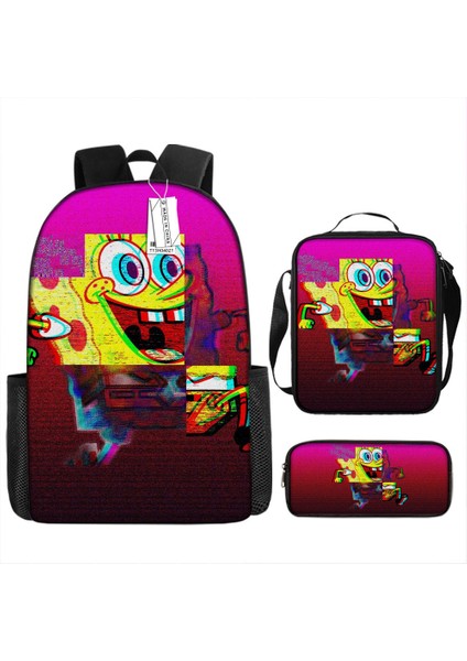 Sünger Bob Kare Pantolon Çocuk Okul Çantası Erkek ve Kadın Öğrenciler Omuz Çantası Anaokulu Sevimli Karikatür Kalem Çantası Crossbody Çanta Üç Set (Yurt Dışından)