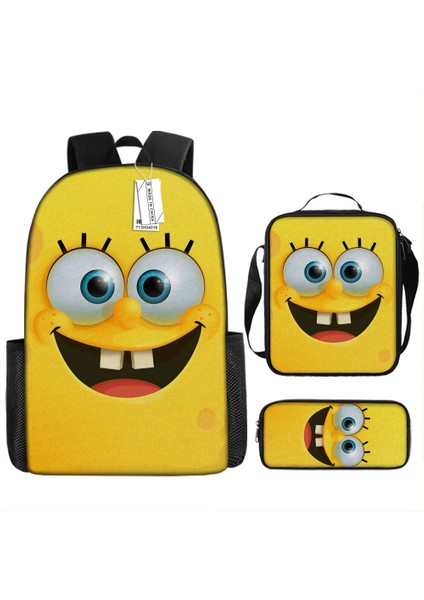 Sünger Bob Kare Pantolon Çocuk Okul Çantası Erkek ve Kadın Öğrenciler Omuz Çantası Anaokulu Sevimli Karikatür Kalem Çantası Crossbody Çanta Üç Set (Yurt Dışından)