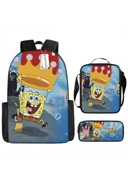 Sünger Bob Kare Pantolon Çocuk Okul Çantası Erkek ve Kadın Öğrenciler Omuz Çantası Anaokulu Sevimli Karikatür Kalem Çantası Crossbody Çanta Üç Set (Yurt Dışından)