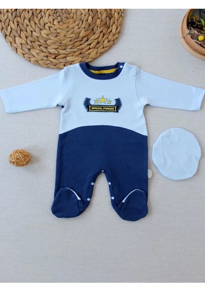 3-6 9-12 12-18 Ay Özel Kuvvetler Nakışlı Bere Şapkalı Kız Erkek Bebek Tulumu Lacivert