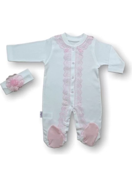 3-6 6-9 Ay Dantelli Boydan Çıtçıtlı Bandanalı Patikli Uzun Kollu Kız Bebek Tulumu Ekru