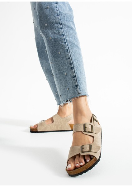 Holm Çift Tokalı Bej Kadın Sandalet