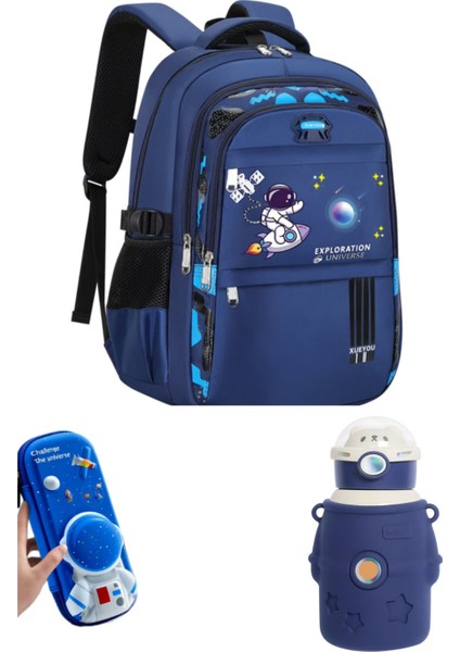 Mavi Okul Çantası, Astronot Çocuk Okul Çantası Omuz Çantası + Kalem Kutusu + 500ML Mavi Termal Kupa (Yurt Dışından)