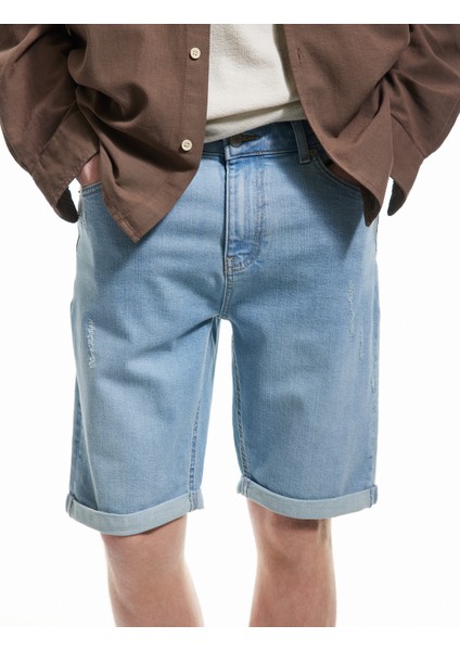 Pamuklu Katlamalı Paça Bermuda Slim Fit Denim Şort