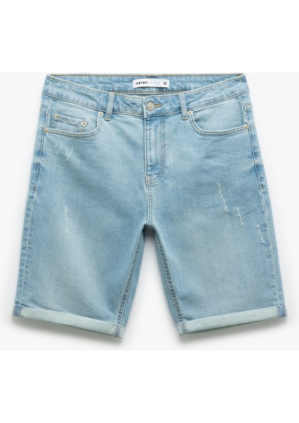 Pamuklu Katlamalı Paça Bermuda Slim Fit Denim Şort