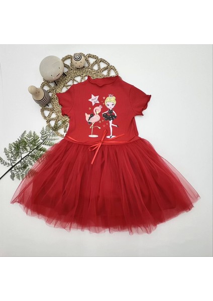 5-6-7 Yaş Flamingo Balerin Kız Baskılı Kurdela Kuşaklı Astarlı Kız Çocuk Tütü Elbise Kırmızı