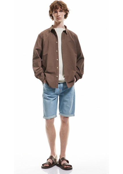 Pamuklu Katlamalı Paça Bermuda Slim Fit Denim Şort