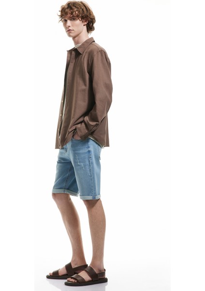 Pamuklu Katlamalı Paça Bermuda Slim Fit Denim Şort fiyatları