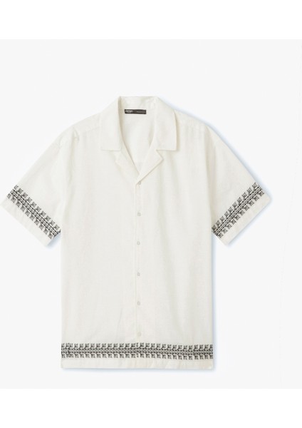 Pamuklu Devrik Yaka Regular Fit Desenli Nakışlı Kısa Kollu Gömlek modelleri