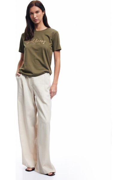 Pamuklu Kısa Kollu Bisiklet Yaka Baskılı Kadın Tişört