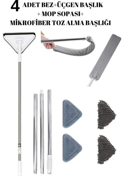 Set Üçgen Cam Silme Aparatı, Mikrofiber Mop ve Toz Alma Başlığı (4 Bezli)