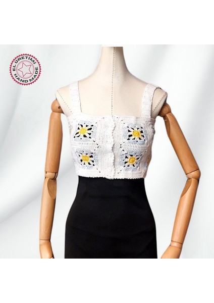 3650 El Örgüsü Yazlık Beyaz Kadın Büstiyer / Crop Bluz - 36/38/40 - Açık Mavi