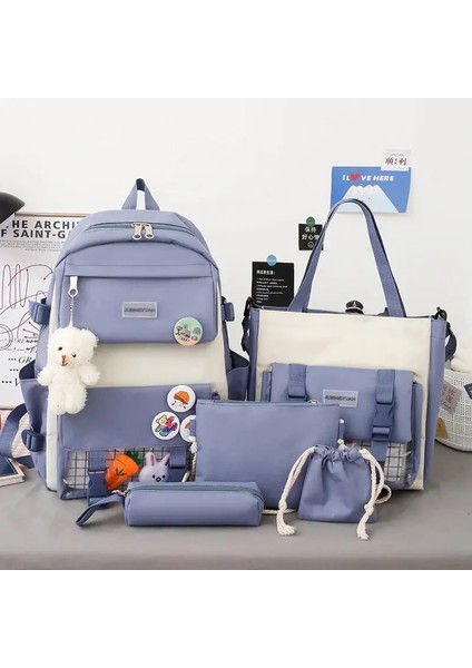 Yeni Büyük Kapasiteli Ilkokul Ortaokul Öğrencileri Omuzlar Omuzlar Backpack Lise Beş Set Çok Bölmeli Fash Rengi: Mavi (Yurt Dışından)