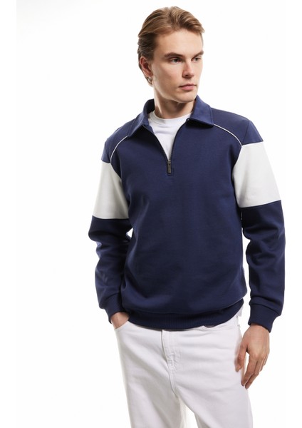Yeni Sezon Pamuklu Renk Bloklu Uzun Kollu Yarım Fermuarlı Sweatshirt fiyatları