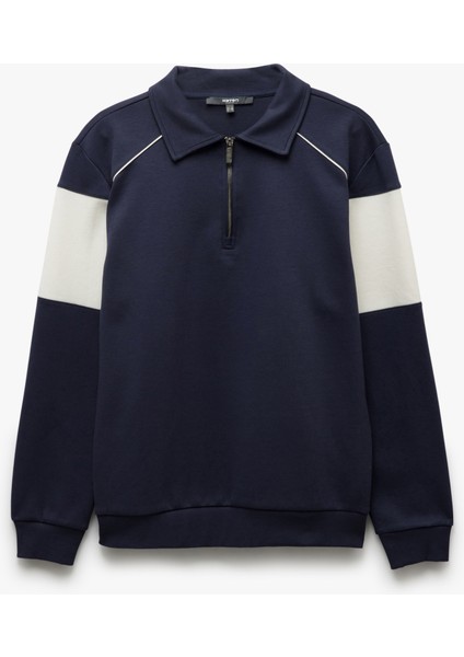 Yeni Sezon Pamuklu Renk Bloklu Uzun Kollu Yarım Fermuarlı Sweatshirt modelleri