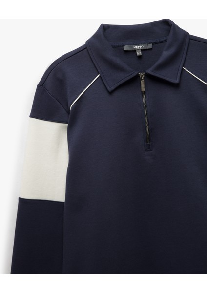 Yeni Sezon Pamuklu Renk Bloklu Uzun Kollu Yarım Fermuarlı Sweatshirt indirimleri