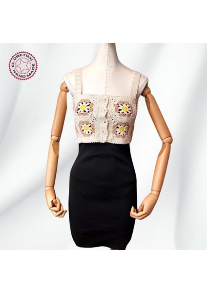 9514 El Örgüsü Yazlık Beyaz Kadın Büstiyer / Crop Bluz - 36/38/40 - Bej